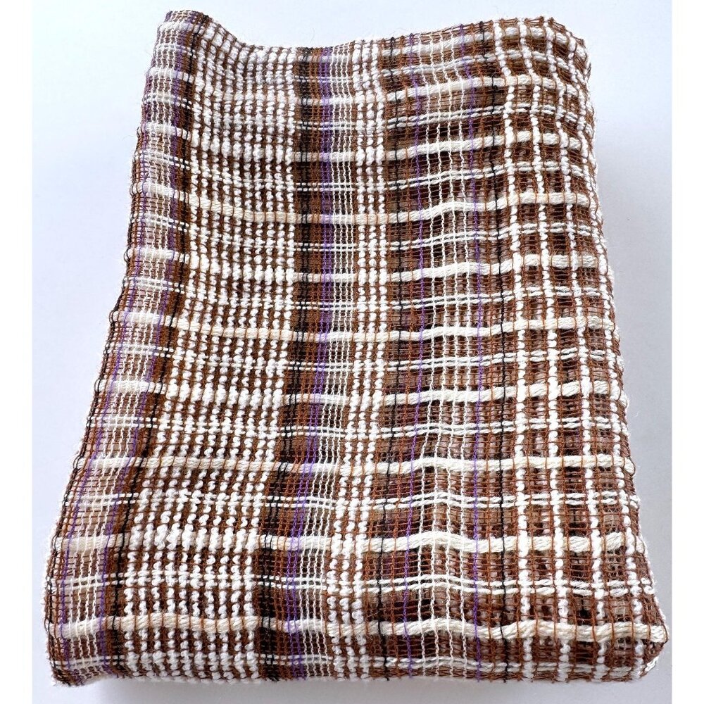 Vintage 70s mesh curtain, brown, cream purple striped,  rod heading, per panel